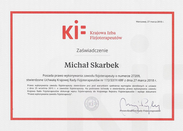 Michał Skarbek Fizjoterapeuta - Certyfikat Krajowej Izby Fizjoterapeutów