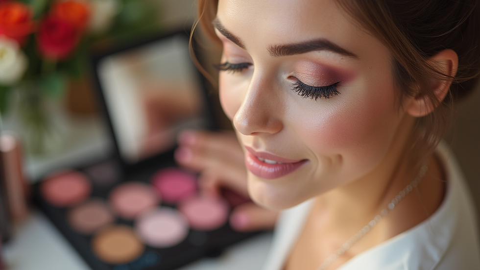 Close-up view of a bridal makeup setup with colorful cosmetics