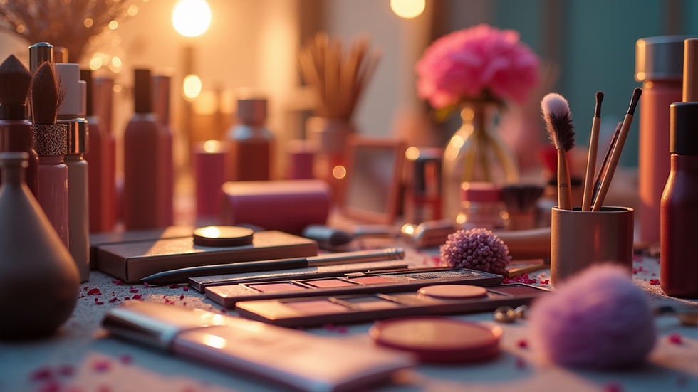 Close-up view of a beautifully arranged makeup station with vibrant colors