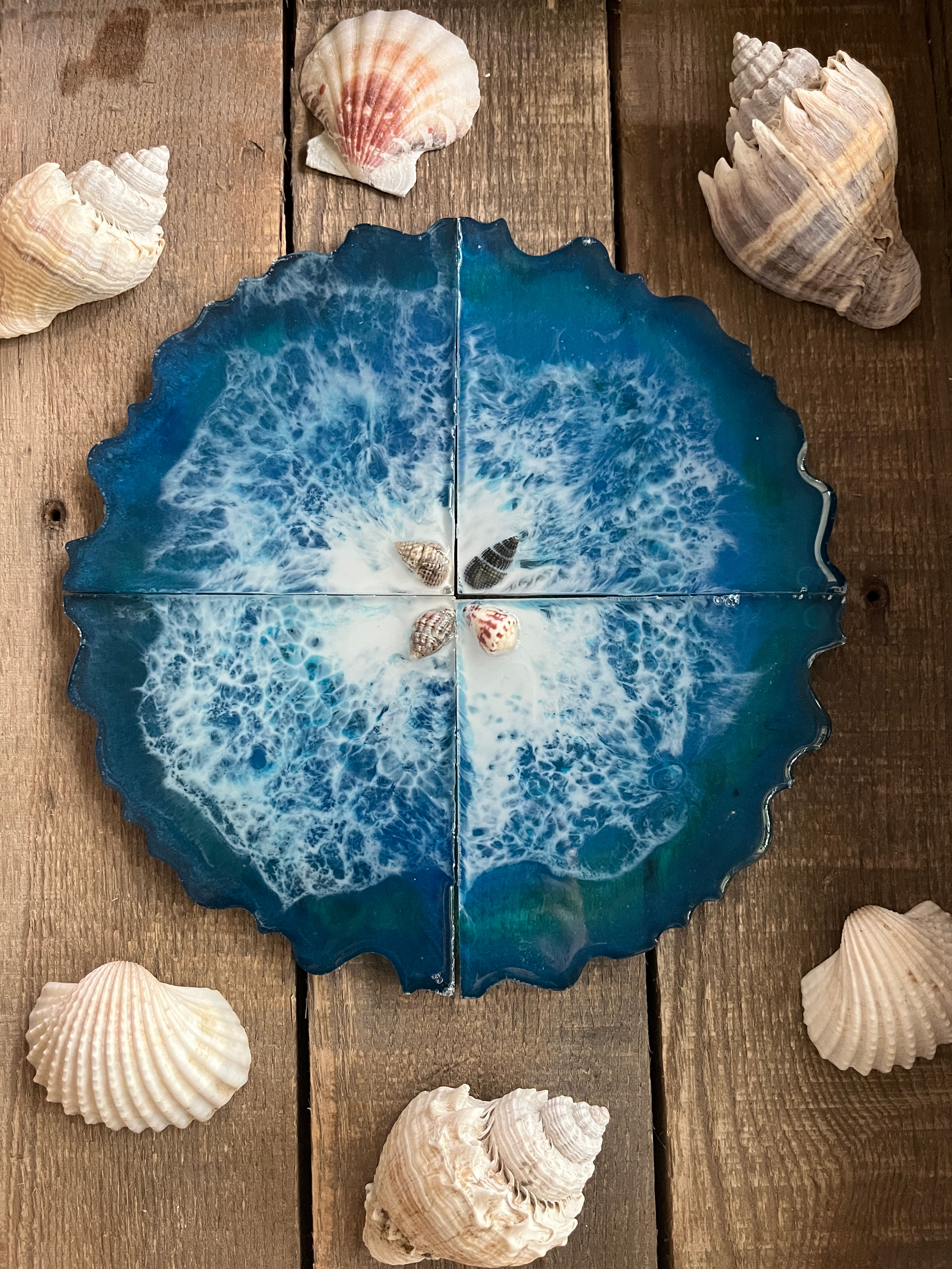 Beach Wave Triangle Geode Coasters With Accent Shells-Set of 4