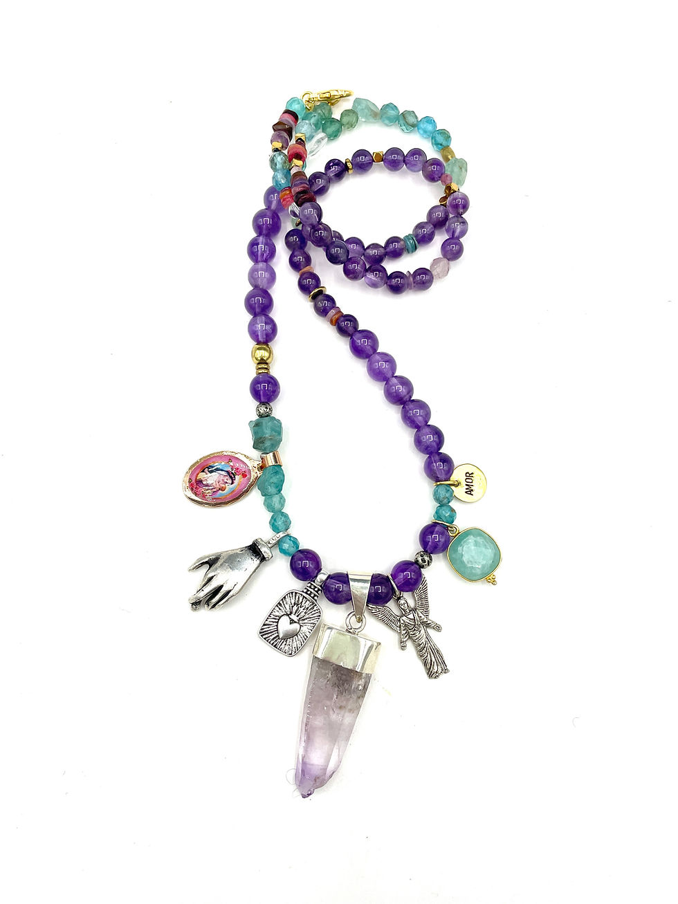 Collier grigri Protection argent Améthyste et Apatites