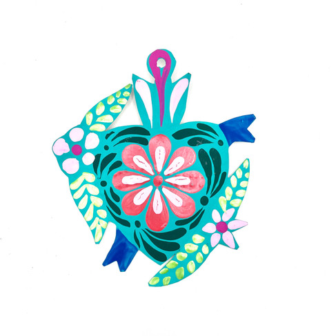 Exvotos mexicain turquoise et rose , ultra coloré et vivant , pièce de décoration à accrocher chez soi
