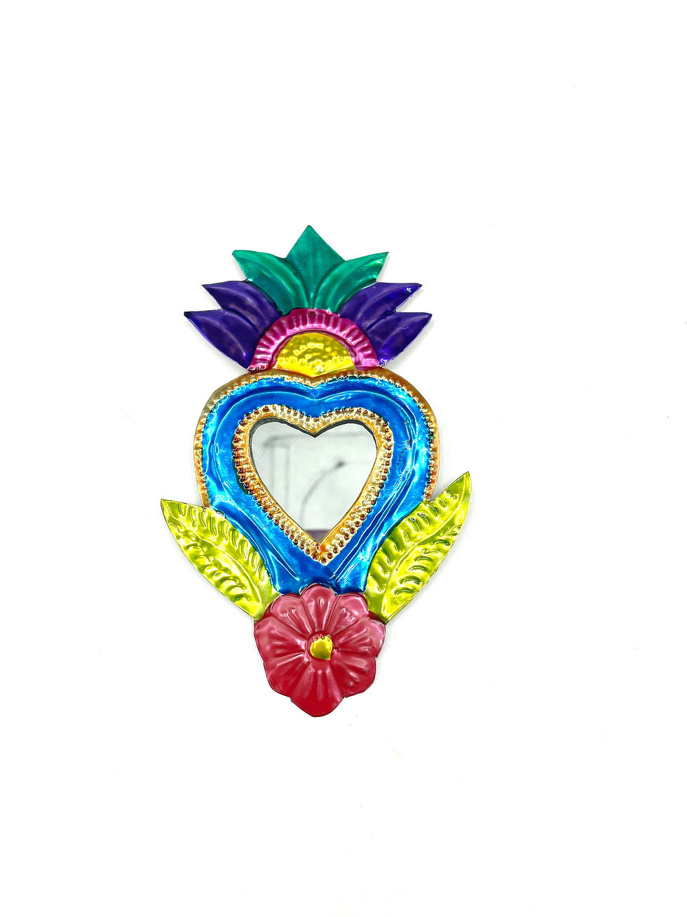 Miniature : Miroir ex voto mexicain coeur en métal  Pièce artisanale en métal embossé peint . À utiliser comme décoration murale