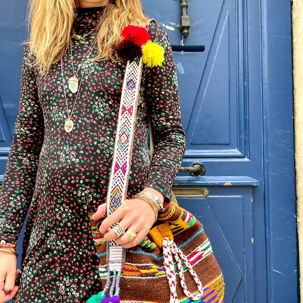 Miniature : sac sceau en tissage péruvien et cuir unique avec anse rebordée de minis perles multicolores !