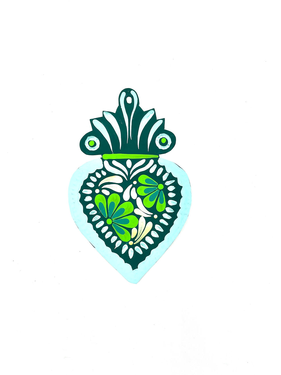Déco Ex voto sacré coeur mexicain en métal peint mat en dégradés de vert .