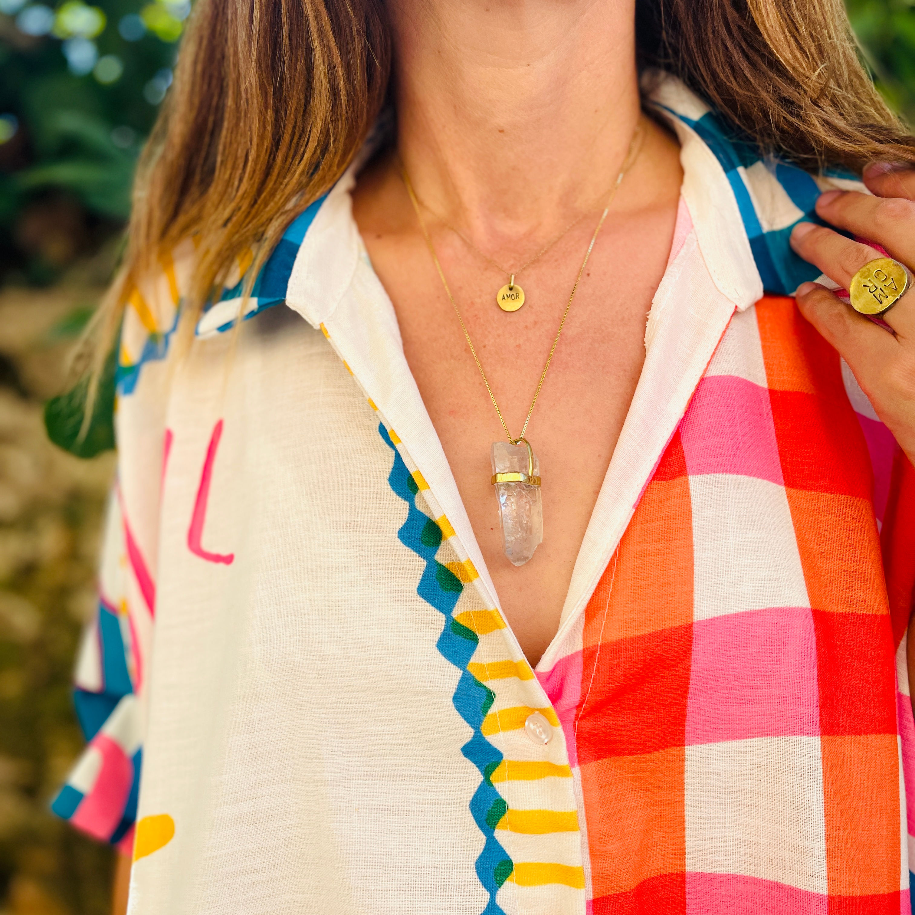 Quartz brut serti bronze sur chaine plaquée or