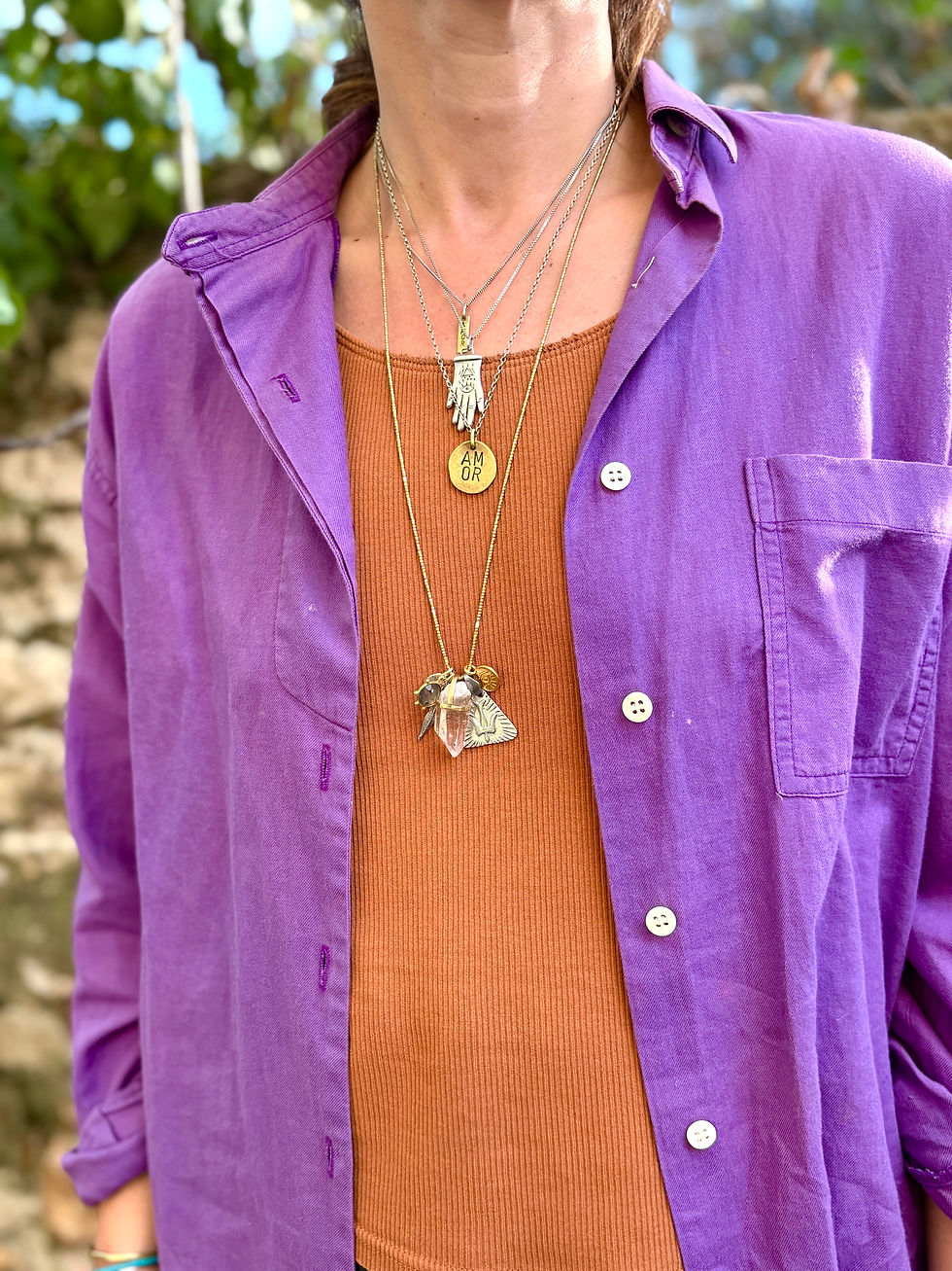 grigri collier quartz oiseau et fleche porté