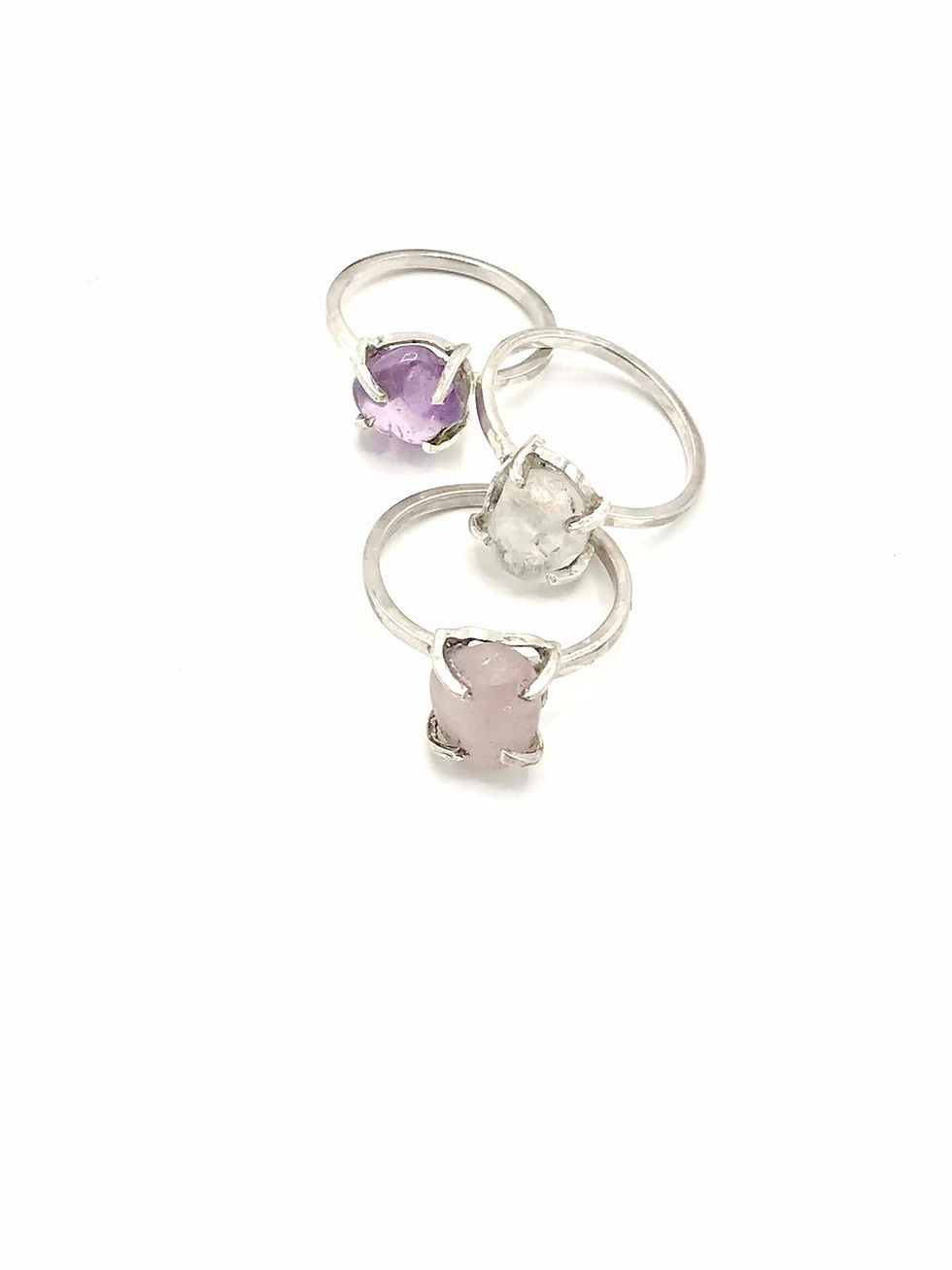 Miniature : bagues en argent avec incrustation de pierre semi précieuse améthyste, quartz rose ou quartz