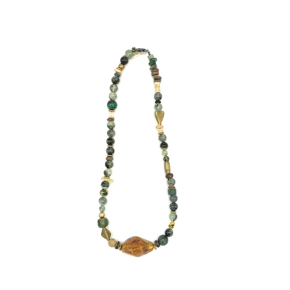 Miniature : Collier ambre et agates mousse