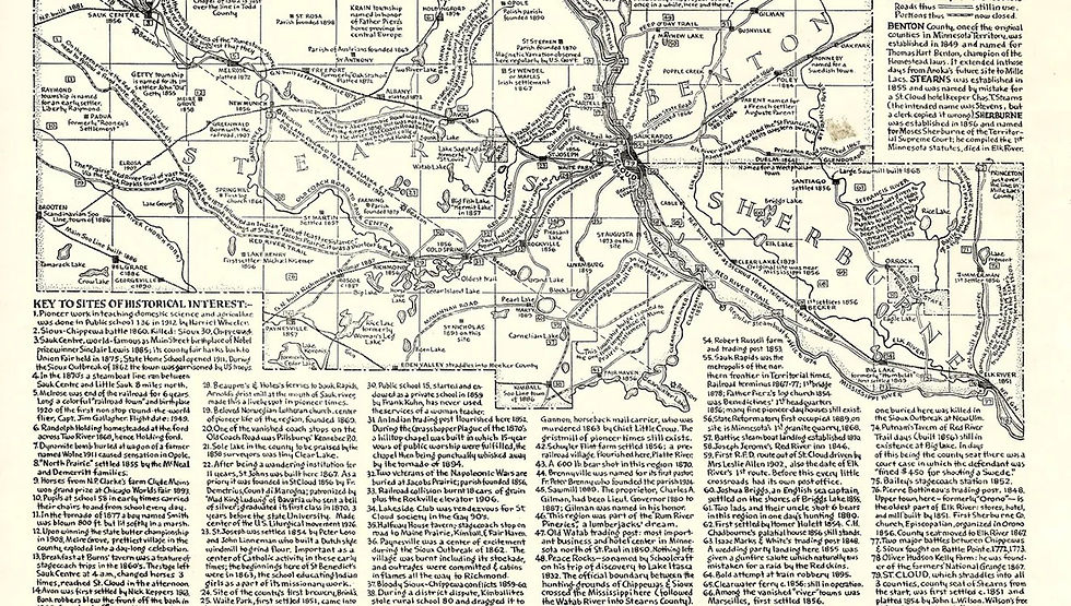 Another of Glanville’s skills was drawing, or making a map, in this case of all the historical markers, roads, ox-cart trails, railroad lines, and such in this 1949 work. Photo Courtesy of Stearns County History Center.