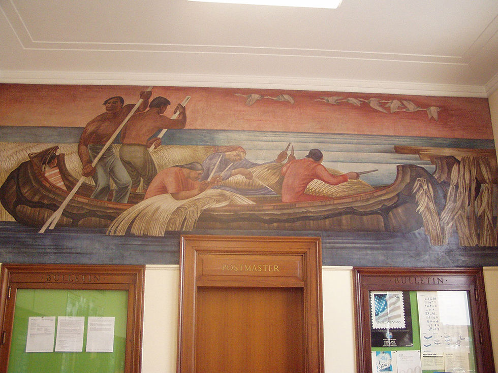Richard Jansen’s 1942 oil on canvas “Threshing Wheat” at the Sauk Centre Post Office. Photo by Jan King