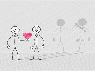 Ilustração de duas figuras humanas a segurar um coração, enquanto ao fundo surge uma interação relacional em tons cinzentos que sugere conflito ou agressividade emocional.