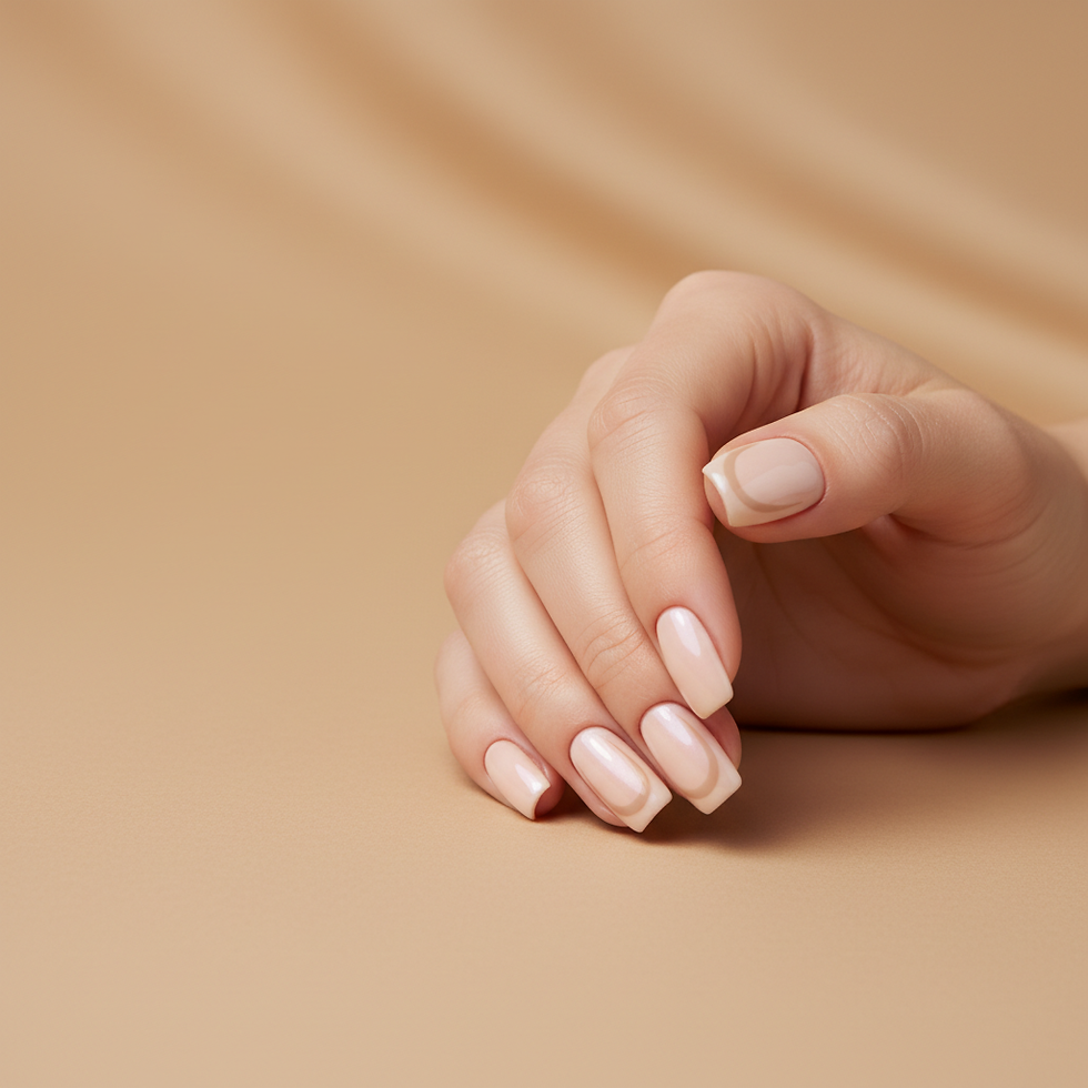 Hand with neutral square-shaped acrylic nails on beige background