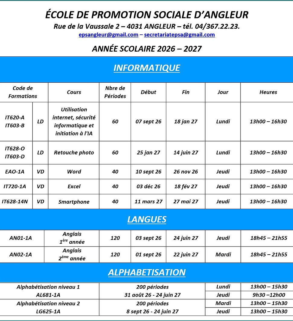 horaire cours d'informatique, de langues et alphabétisation