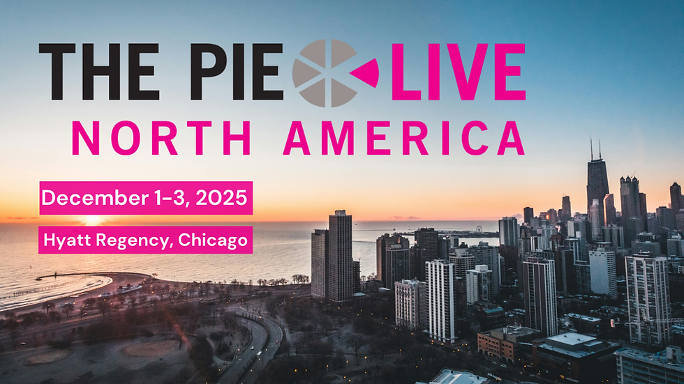 Chicago city skyline at sunset with text: "The PIE Live North America, December 1-3, 2025, Hyatt Regency, Chicago" in bold colors.