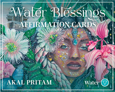 Water Blessings Affirmation Cards by Akal Pritam. This deck is made up of one stunning hand painted picture (featuring a water goddess seated where the river meets the turquoise sea) divided into 40 cards labelled 1-40. Complete the puzzle intuitively with the images or with numbers facing up by laying the cards out in order then turn the cards over to reveal the full picture. The images on each of the cards are symbolic and work on their own when viewed separately from the full picture.