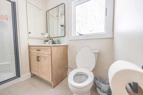 Clean modern bathroom with toilet, vanity, mirror, and shower stall.