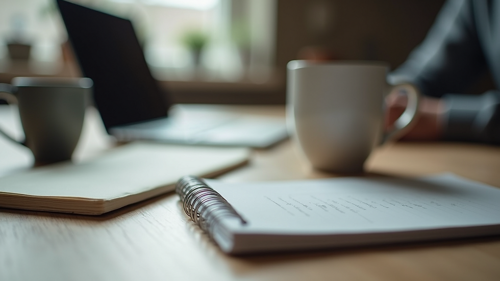 Close-up of a freelancer’s desk with a notebook, coffee cup, and laptop