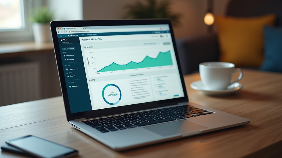 Eye-level view of a laptop displaying a blog with SEO analytics