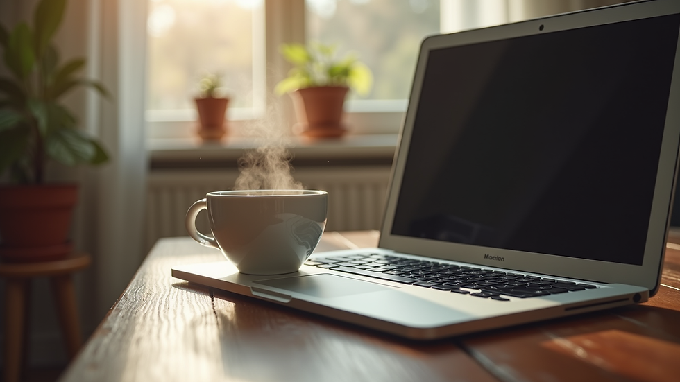 Eye-level view of a cozy home office with a laptop and a steaming cup of coffee