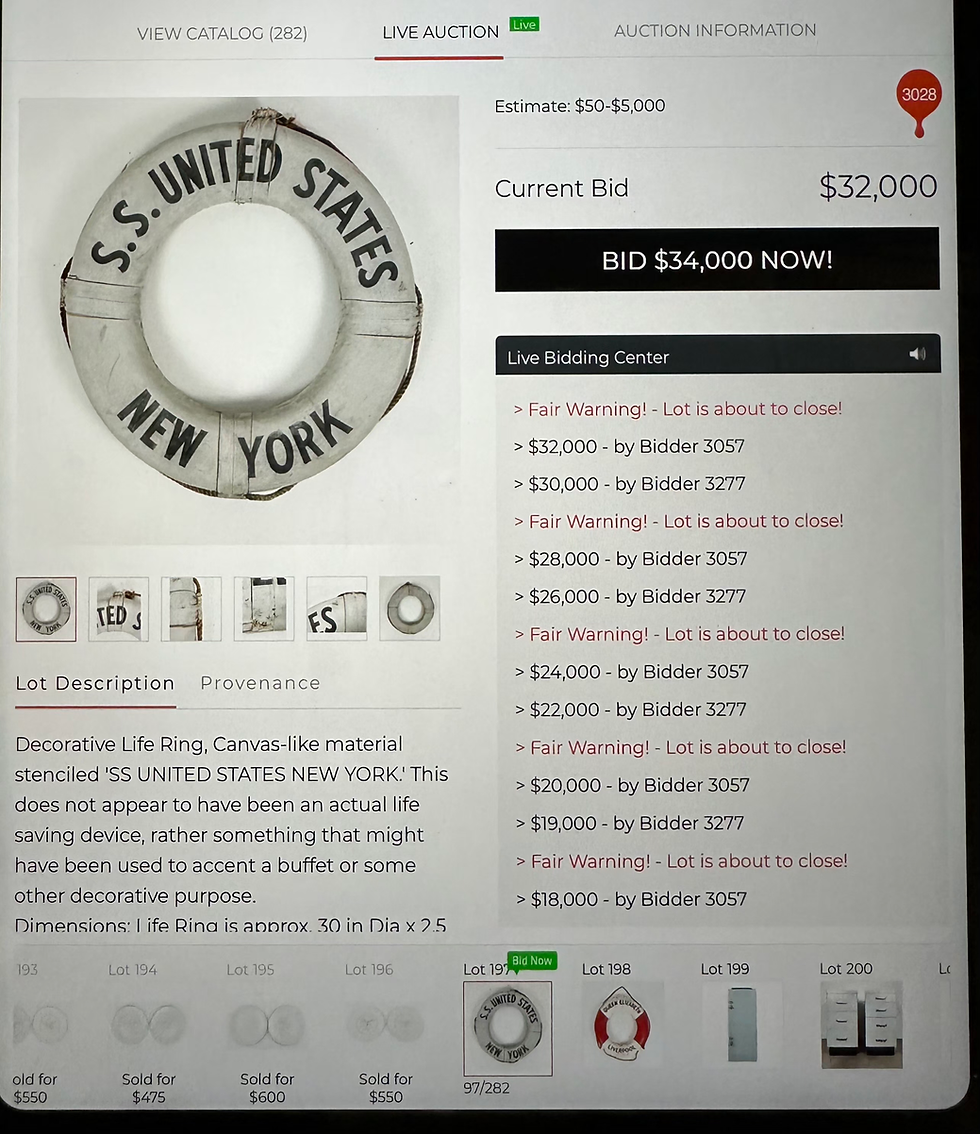 The highest price paid was for this SS United States life ring that sold for $32,000.