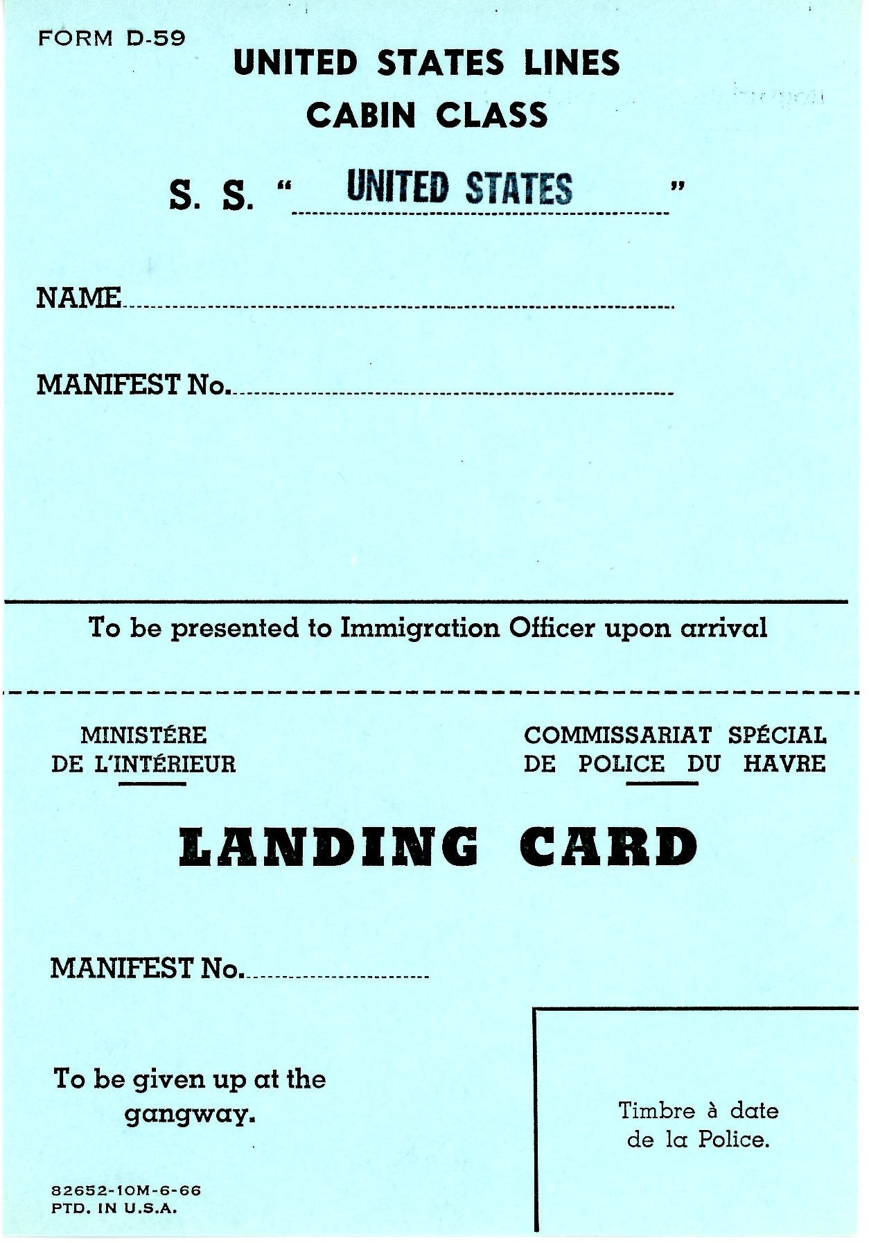 Cabin Class Landing Card - Blue