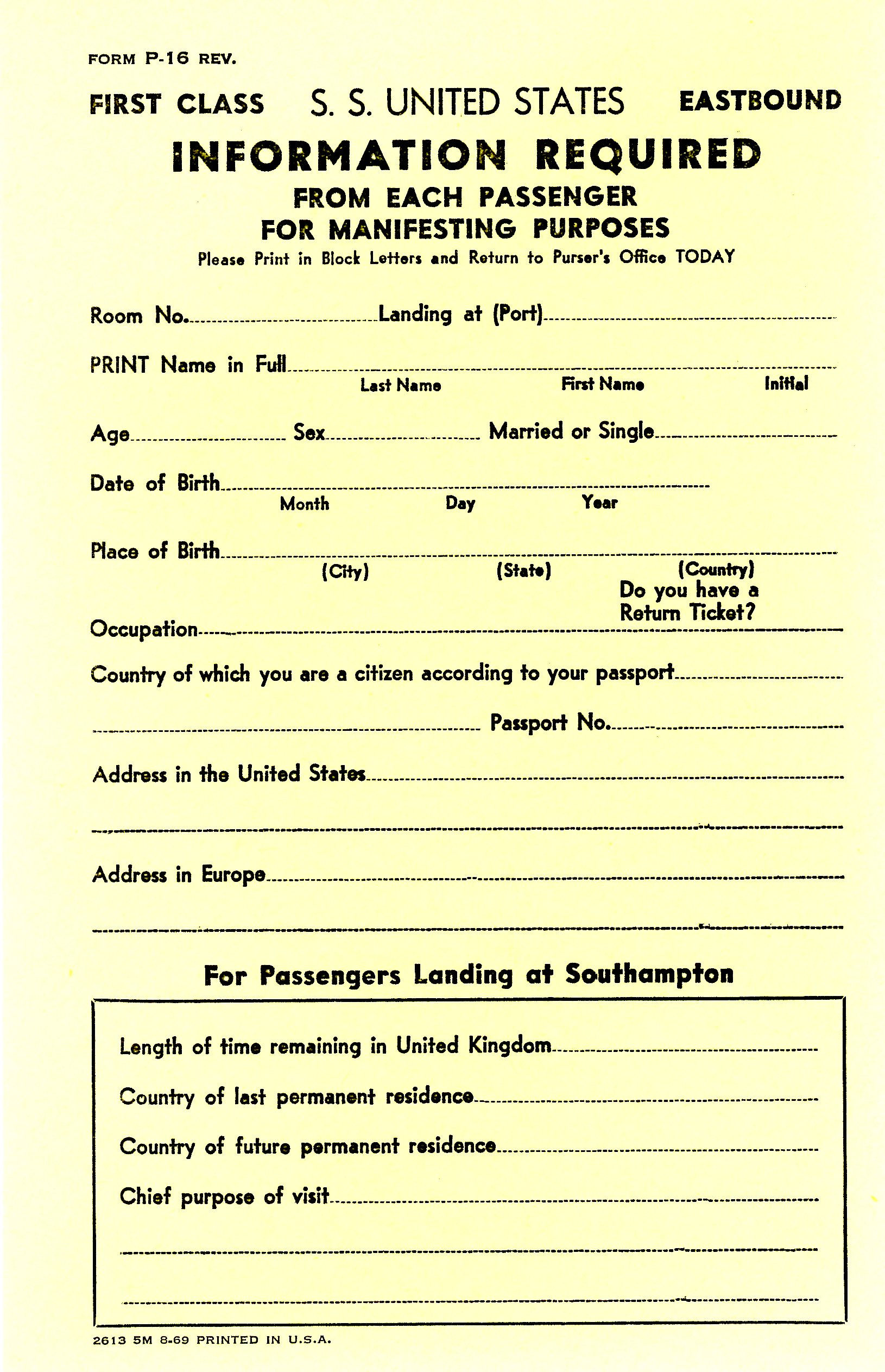 Information Required from Each Passenger