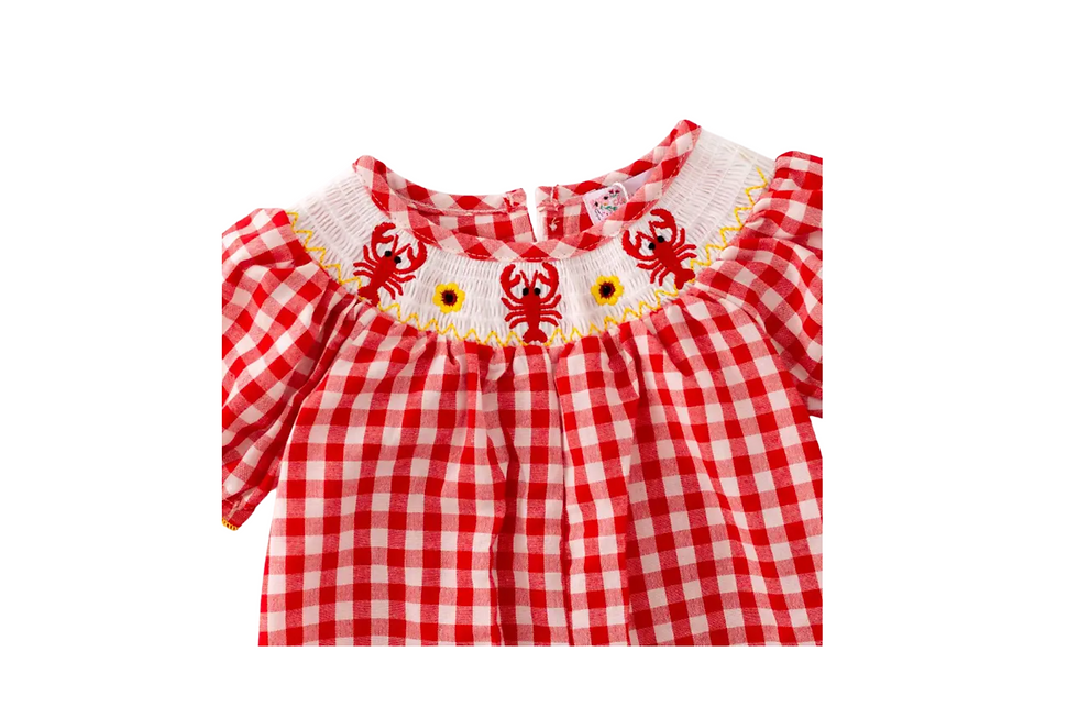 Red and white checkered dress with crawfish embroidery and sunflower detailing.