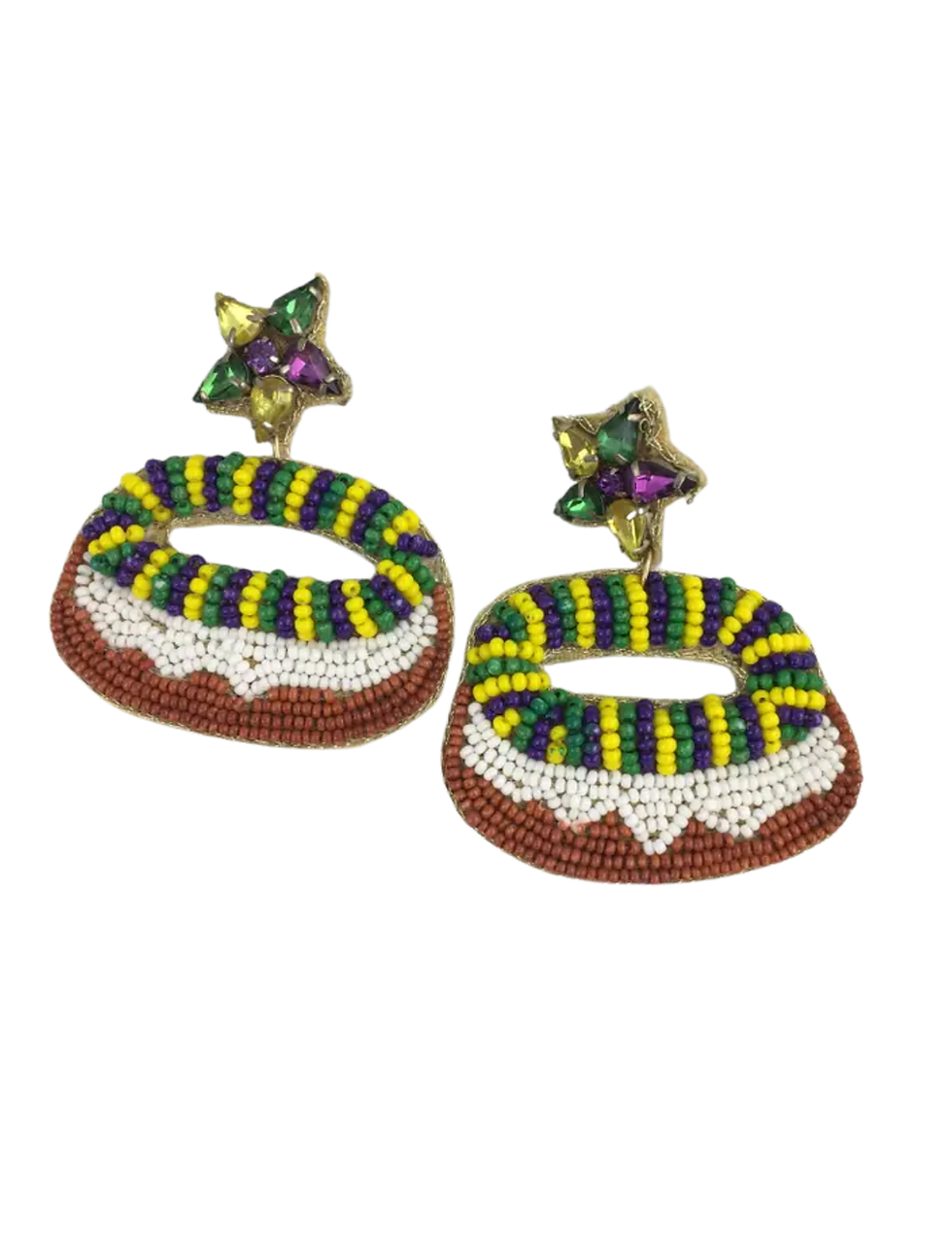 Dangling earrings with star tops and Mardi Gras color kingcake icing and trim.
