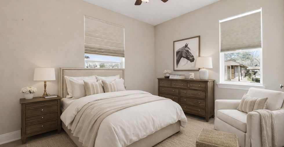 Bedroom with cream upholstered headboard, wood-look flooring, ceiling fan, and two windows at 35531 Pontiac Drive, Brookshire, TX 77423