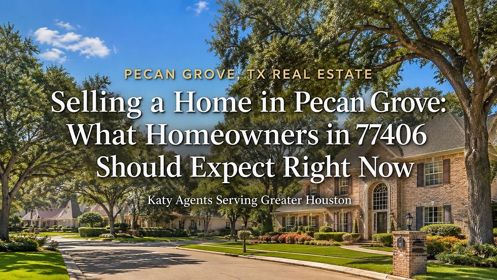 Tree-lined residential street in Pecan Grove, an established master-planned community in Richmond, TX
