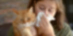 A woman with a stuffy nose from pet allergies holding a cat