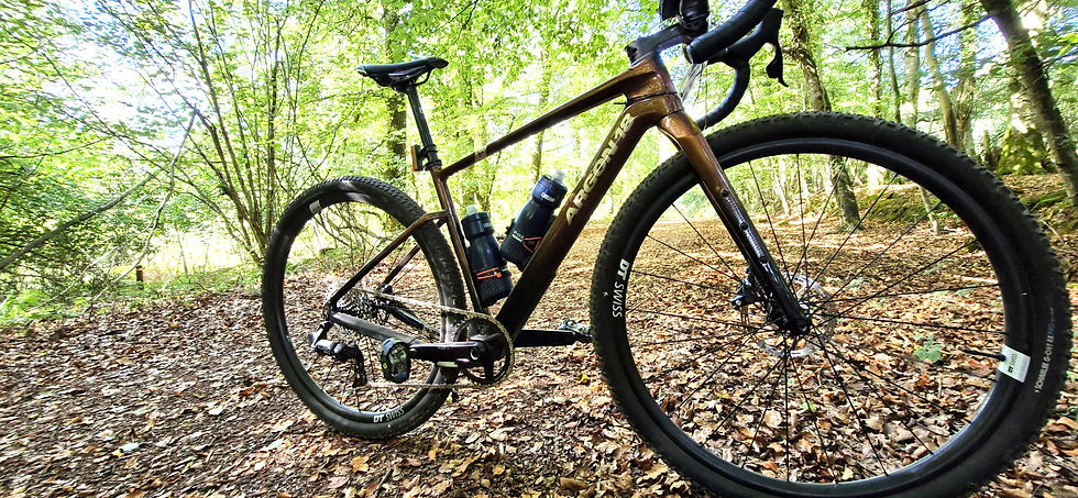 Low-angle view of an Argon 18 Dark Matter leaning against a forest sign after a gravel ride.