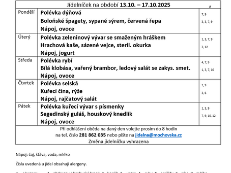 Jídelníček na období 13. 10. - 17. 10. 2025