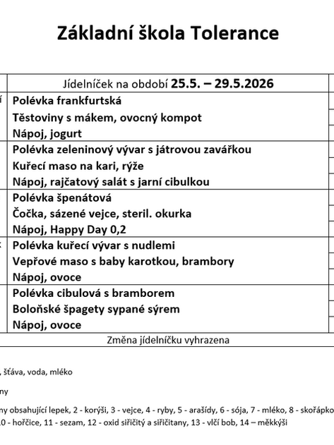 Jídelníček na období 25. 5. - 29. 5. 2026