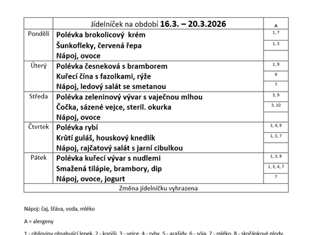 Jídelníček na období 16. 3. - 20. 3. 2026