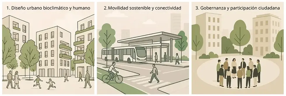 Infografía pilares densificación urbana: bioclimática movilidad gobernanza