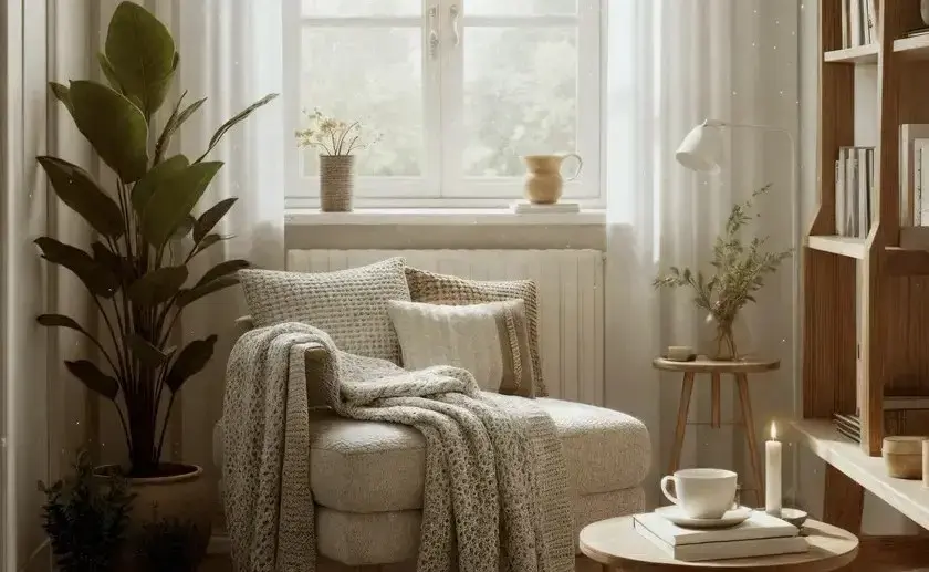 Diseño de confort lumínico y térmico en sala de estar con materiales naturales y luz cenital.