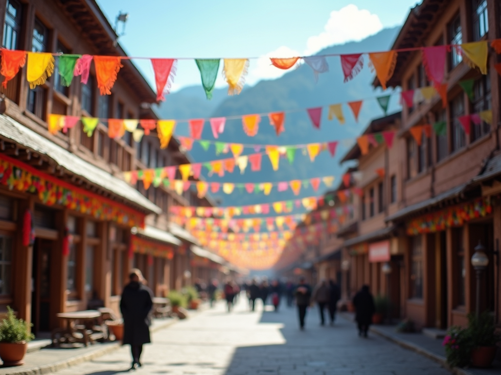 atmospheric shot colorful festival banners himalayan inspired decorations outdoor plaza na