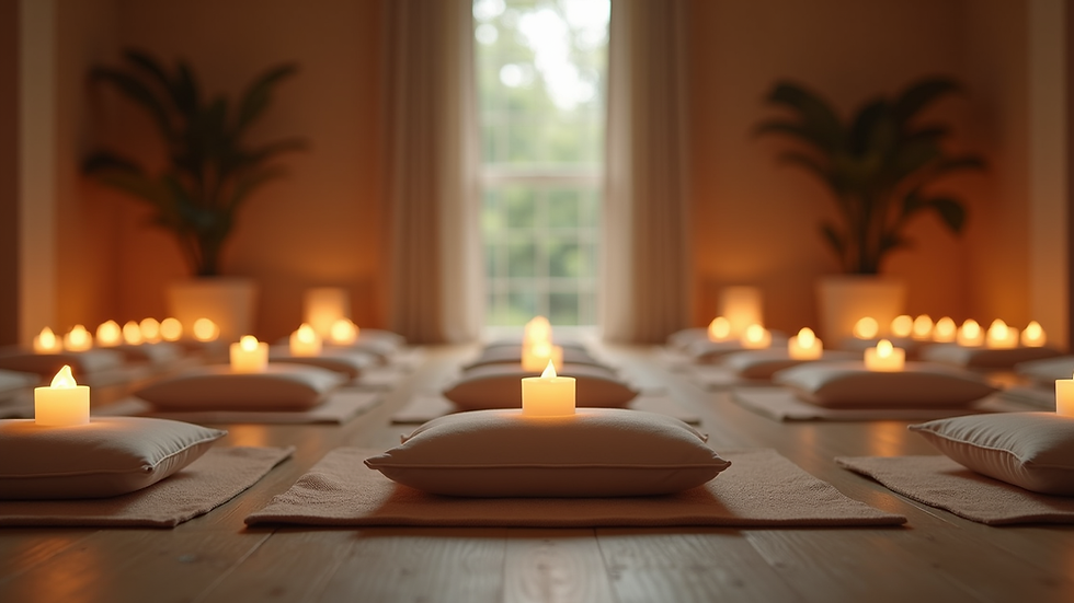 Eye-level view of a serene meditation space with cushions and candles