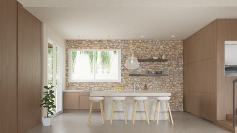 הדמית מטבח כפרי עם קיר אבן חשוף