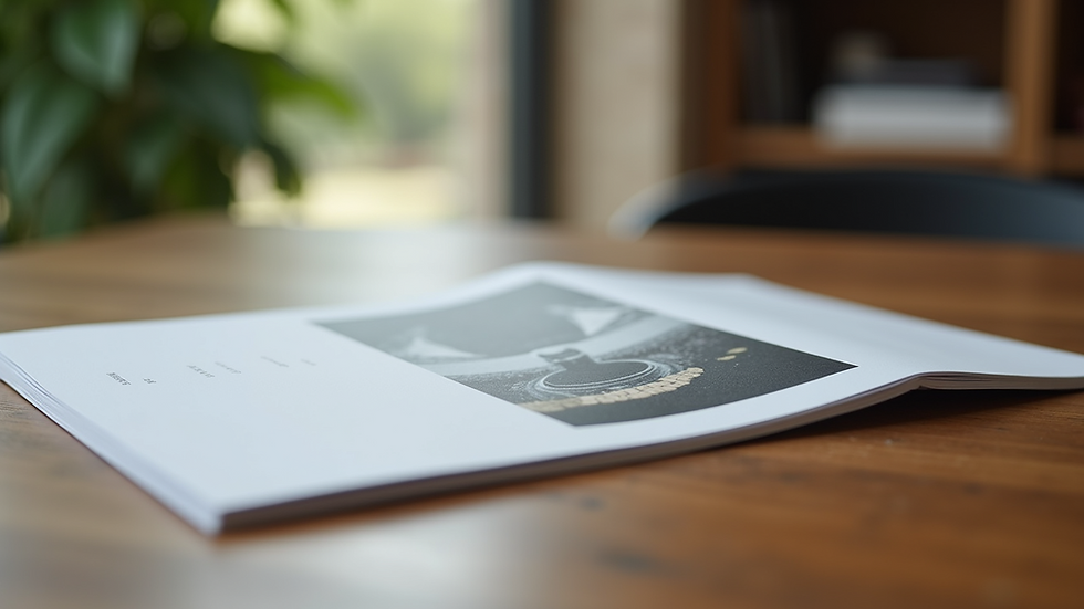 Close-up view of a high-quality printed brochure on a wooden table