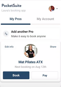 Photo of the home screen for Mat Pilates ATX PocketSuite booking and scheduling app 