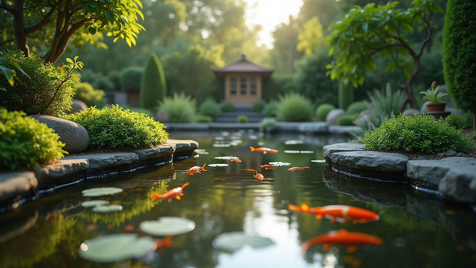 Eye-level view of a serene backyard sanctuary with a koi pond and lush greenery
