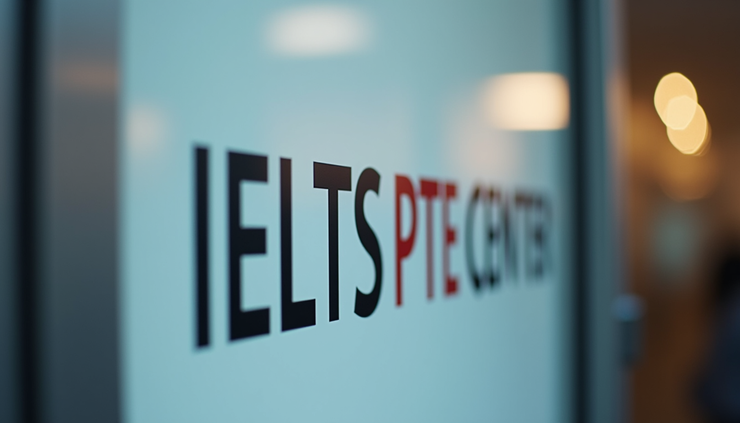 Close-up view of a test center sign displaying IELTS and PTE logos outside the building