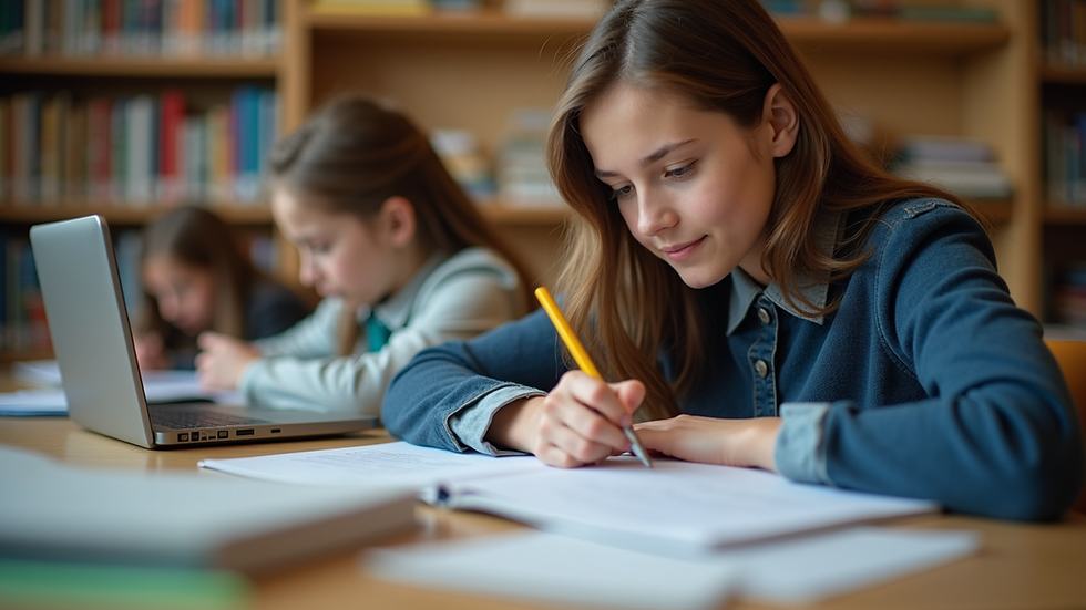Eye-level view of a student studying with scholarship materials