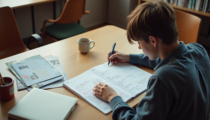 High angle view of a student reviewing college brochures and notes