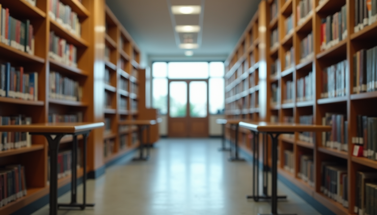 Close-up view of a college library with books and study tables