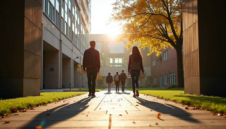Eye-level view of a college campus entrance with students walking