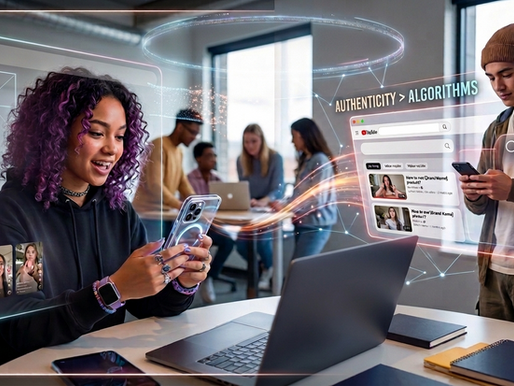 Young people using smartphone and laptops while exploring on social platforms like TikTok and YouTube, illustrating how Gen Z uses social media for search and discovery.